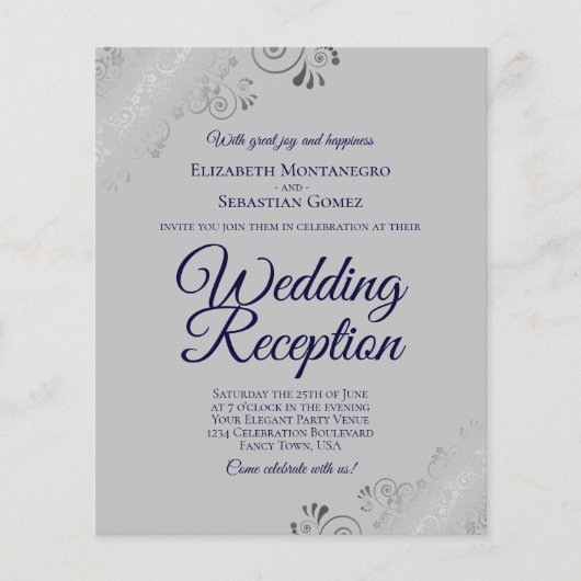 Navy Blue on Gray BUDGET Hochzeitsempfang Einladun (Vorderseite)