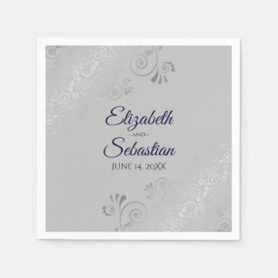 Navy Blue on Gray Silver Frills Elegant Wedding Serviette