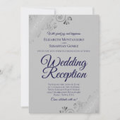 Navy Blue on Gray Silver Frills Hochzeitsempfang Einladung (Vorderseite)