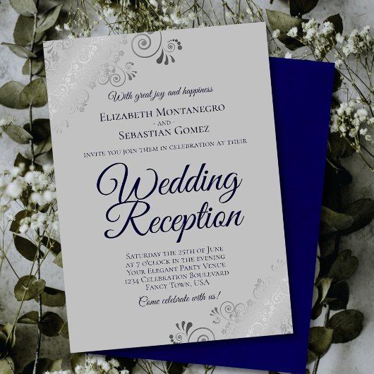 Navy Blue on Gray Silver Frills Hochzeitsempfang Einladung