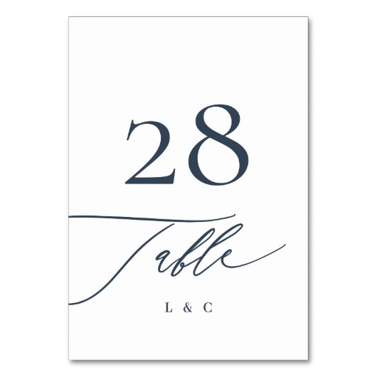 Navy Blue on White Calligraphy Modern Wedding Tischnummer (Vorderseite)