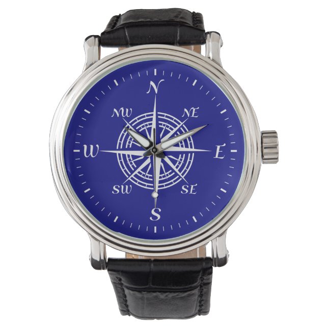 Navy Blue on White Coastal Compass Rose Armbanduhr (Vorderseite)