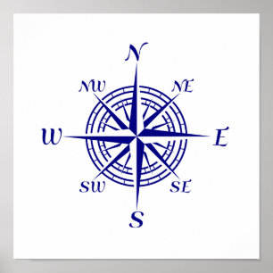 Navy Blue On White Coastal Decor Compass Rose Poster