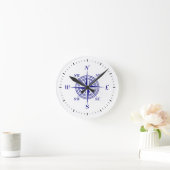 Navy Blue on White Coastal Dekoration Kompass Rose Runde Wanduhr (Zuhause)