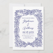 Navy Blue on White Wildblume Bird Zeichnend Hochze Einladung (Vorderseite)