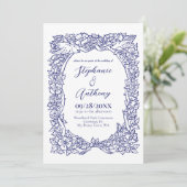 Navy Blue on White Wildblume Bird Zeichnend Hochze Einladung (Stehend Vorderseite)