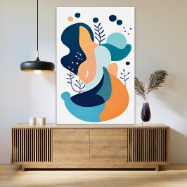 Navy Blue Orange Abstrakt Boho Illustration AI Art Poster