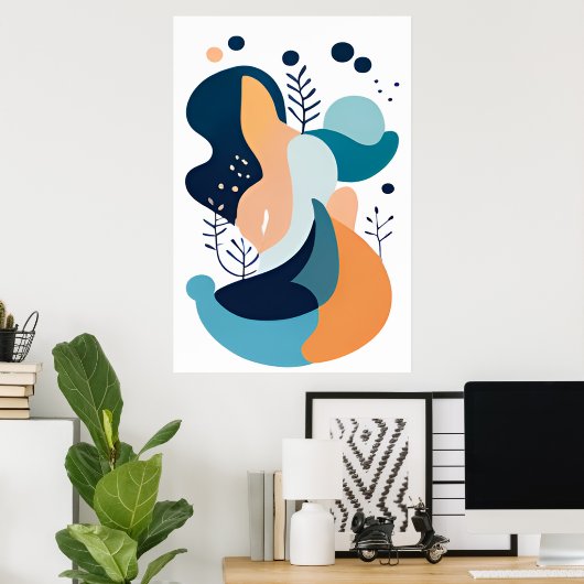 Navy Blue Orange Abstrakt Boho Illustration AI Art Poster (Heimbüro)
