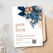 Navy Blue Orange Boho Floral Elegante Hochzeit Save The Date