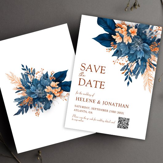Navy Blue Orange Boho Floral Elegante Hochzeit Save The Date