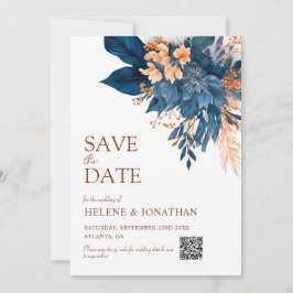 Navy Blue Orange Boho Floral Elegante Hochzeit Save The Date