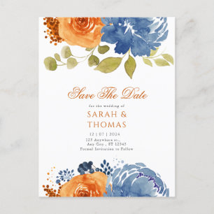 Navy Blue Orange Boho Floral Fall Save the Date Postkarte