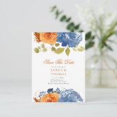 Navy Blue Orange Boho Floral Fall Save the Date Postkarte (Stehend Vorderseite)