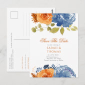Navy Blue Orange Boho Floral Fall Save the Date Postkarte (Vorne/Hinten)
