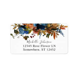 Navy Blue, Orange & Brown Floral 2 Rücksendeadres Adressaufkleber
