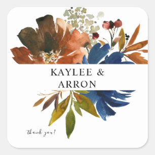 Navy Blue, Orange & Brown Floral Danke Ihnen 2 Quadratischer Aufkleber
