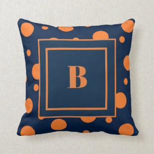 Navy Blue Orange Dots Large Monogram Kissen
