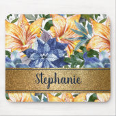 Navy Blue Orange Floral Gold Name Skript Mousepad (Vorne)