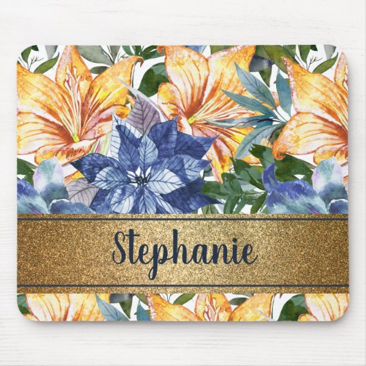 Navy Blue Orange Floral Gold Name Skript Mousepad (Vorne)