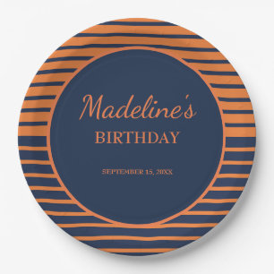 Navy-Blue Orange Gestreifte Geburtstagsfeier  Pappteller