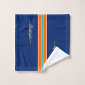 Navy Blue Orange Racing Stripes Imitats Gold Monog Badhandtuch Set (Waschlappen)