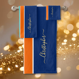 Navy Blue Orange Racing Stripes Imitats Gold Monog Badhandtuch Set