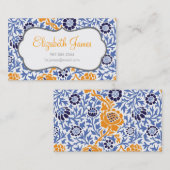 Navy Blue & Orange Retro Floral Damask Visitenkarte (Vorne/Hinten)