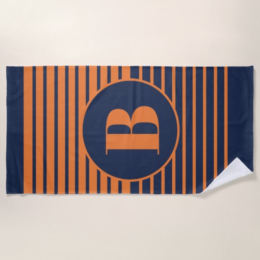 Navy Blue Orange Strip Monogram Strandtuch (Vorderseite)