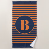 Navy Blue Orange Strip Monogram Strandtuch (Vorderseite)