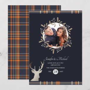 Navy Blue Orange Tartan Stag FOTO ANY EVENT Einladung