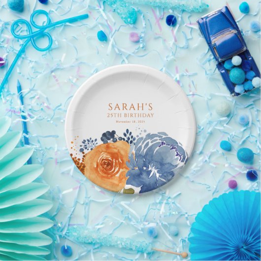 Navy Blue Orange Terracotta Boho Fall Floral Pappteller (Party)