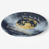 Navy Blue Over Moon and Stars Baby Shower Pappteller (Schrägansicht)