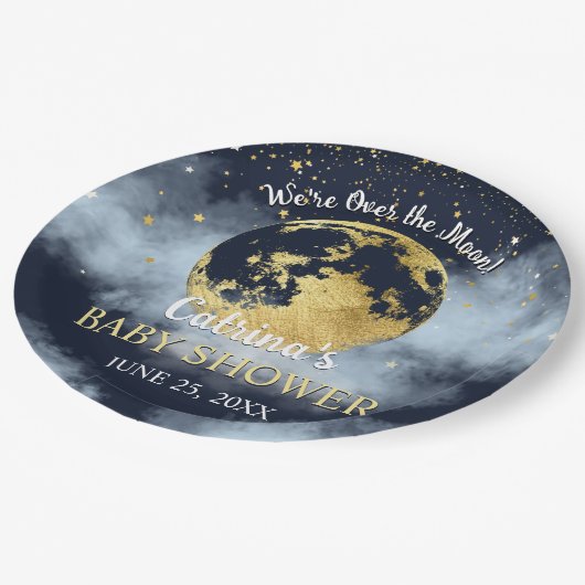 Navy Blue Over Moon and Stars Baby Shower Pappteller (Schrägansicht)