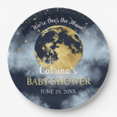 Navy Blue Over Moon and Stars Baby Shower Pappteller (Vorderseite)