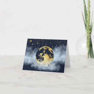 Navy Blue Over Moon and Stars Celestial Gold Dankeskarte