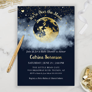 Navy Blue Over Moon and Stars Gold Baby Shower Folieneinladung