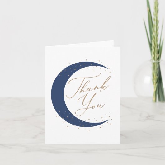 Navy Blue Over Moon Boy Baby Shower Dankeskarte (Vorderseite)