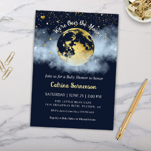 Navy Blue Over Moon Celestial Gold Baby Shower Einladung