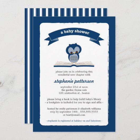 Navy Blue Owl bringen eine Book Baby Dusche Einlad Einladung (Vorne/Hinten)