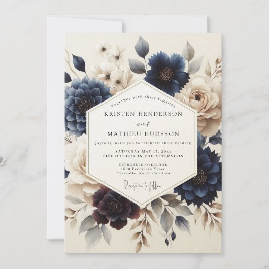 Navy Blue Painterly Bloom Wedding Einladung (Vorderseite)