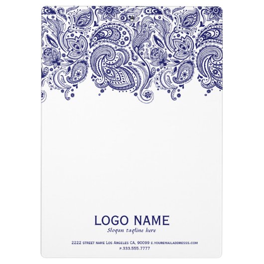 Navy Blue Paisley Lace White Background Klemmbrett (Rückseite)