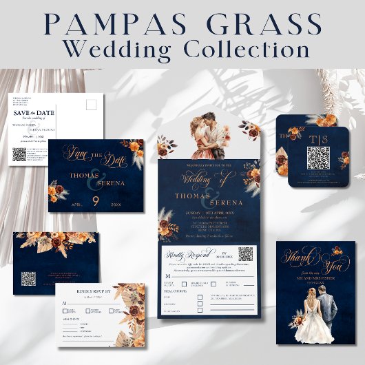 Navy Blue Pampas Grass Wedding rettet das Datum Postkarte