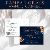 Navy Blue Pampas Grass Wedding rettet das Datum Postkarte