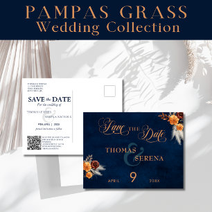 Navy Blue Pampas Grass Wedding rettet das Datum Postkarte