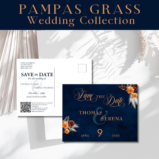 Navy Blue Pampas Grass Wedding rettet das Datum Postkarte