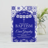 Navy Blue Papel Picado Baptism Invitation Einladung (Stehend Vorderseite)