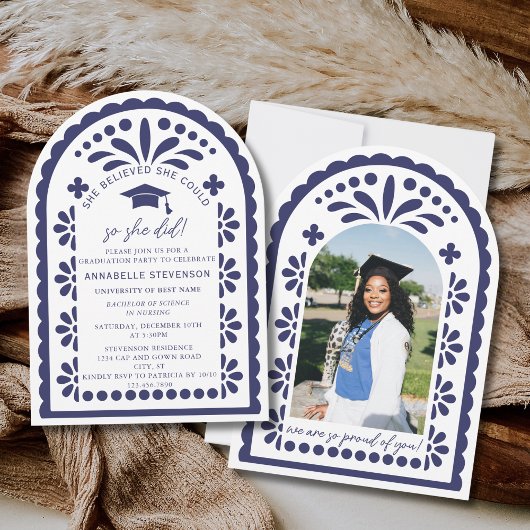 Navy Blue Papel Picado Talavera Photo Graduation Einladung