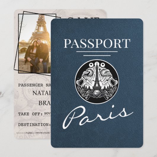 Navy Blue Paris Passport Save the Date (Vorne/Hinten)