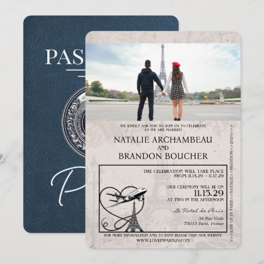 Navy Blue Paris Passport Wedding Einladung (Vorne/Hinten)