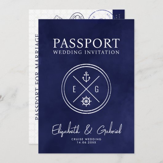 Navy Blue Passport Destination Wedding Cruise Einladung (Vorne/Hinten)